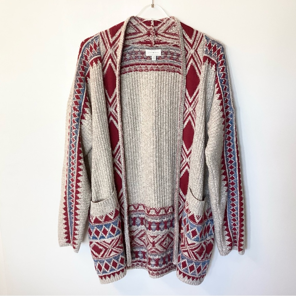 Lucky Brand Boho Southwest Geo Print Open Cardigan - Tan/Red/Blue - L